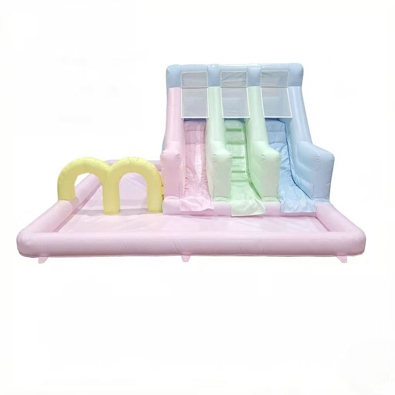 Pastel Rainbow Triple-Lane Inflatable Slide with Ball Pit Inflatable ...